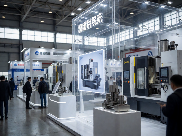 Machine tool exhibition booth with displays and visitors