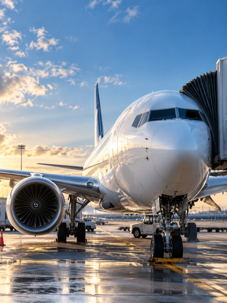 Commercial airplane parked at a gate with a jet bridge at sunset