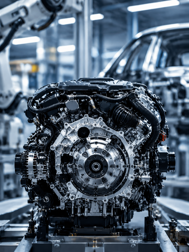 Car engine on an automotive assembly line with a robot arm behind