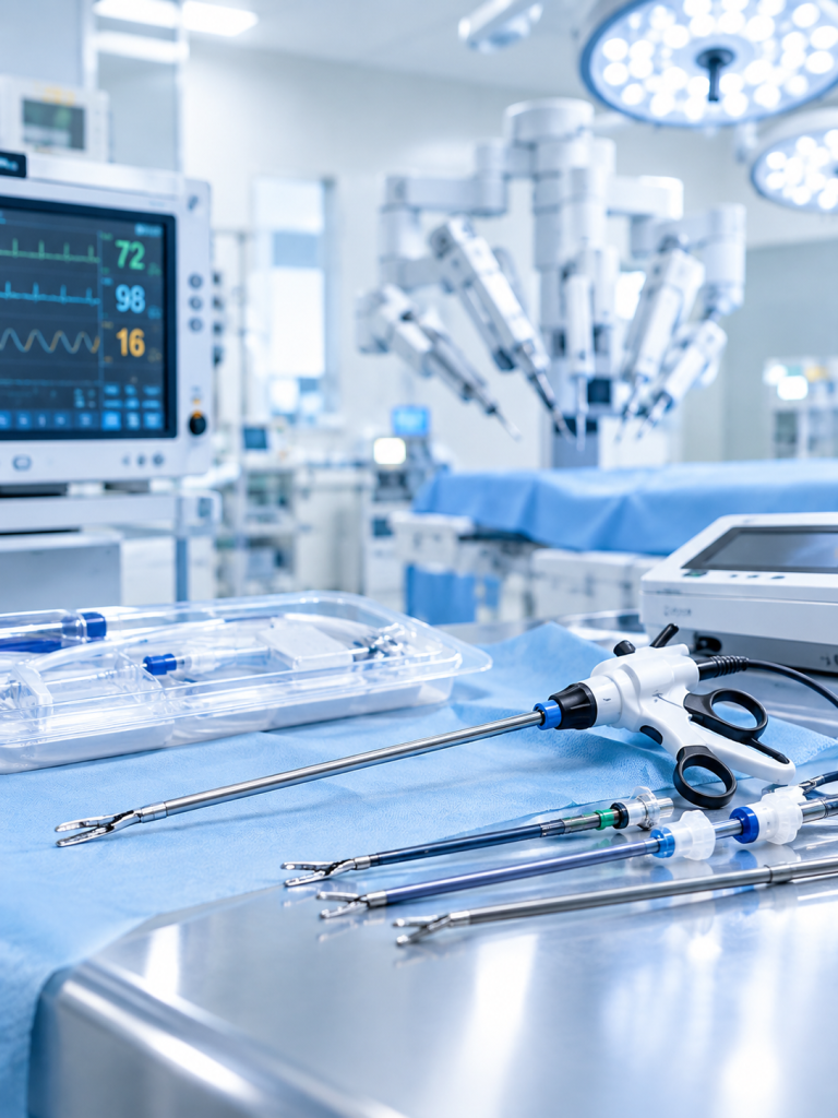 Surgical instruments on a table in a modern operating room