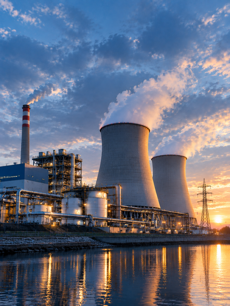 Power plant with cooling towers and steam beside a river at sunset
