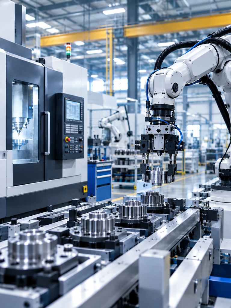 Industrial robot arm handling machined parts beside a CNC machine