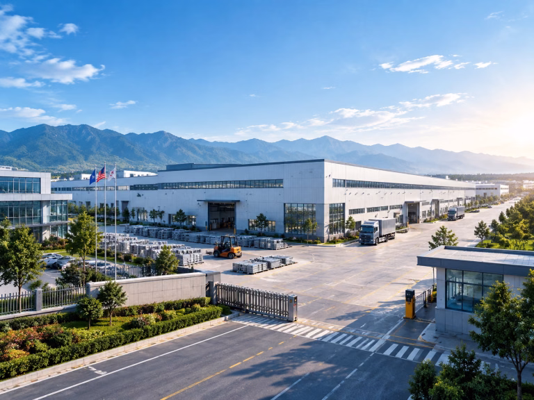 Modern factory campus with production buildings, trucks and mountains behind