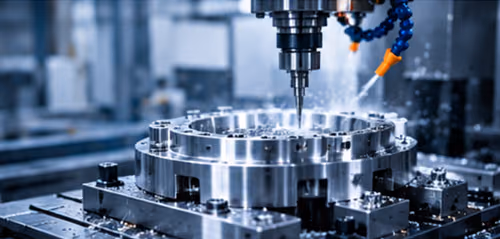 CNC milling machine drilling into a round metal workpiece with coolant