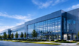 Modern glass-front factory building under a blue sky with trees