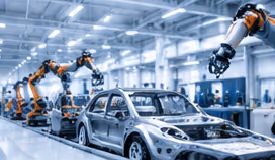 Orange robot arms working over car bodies on an assembly line