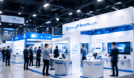 Visitors walking between exhibition booths at an industrial trade show