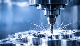 Close-up of a CNC drill cutting metal with coolant spraying