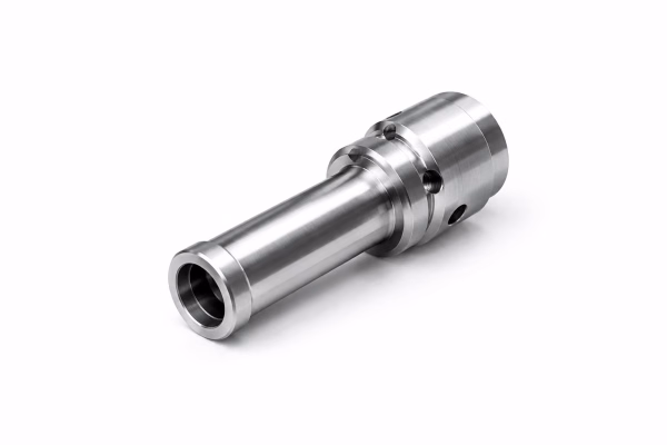 Machined metal housing block with a large bore and side port