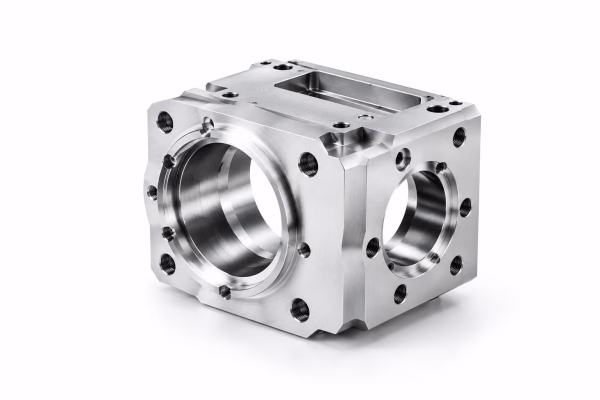 Machined metal block with two large bores and many bolt holes