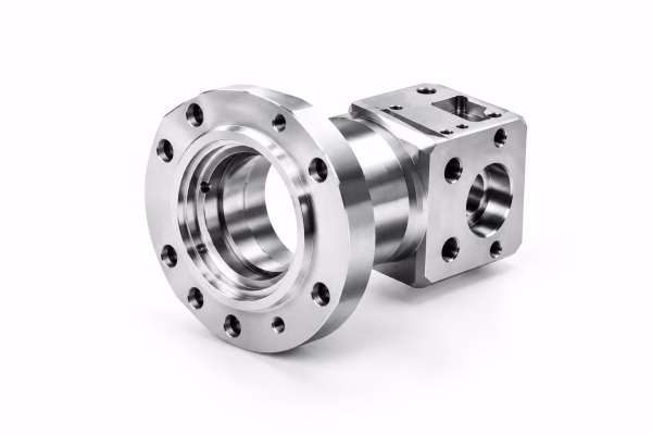 Machined metal flange housing with bolt holes on a white background